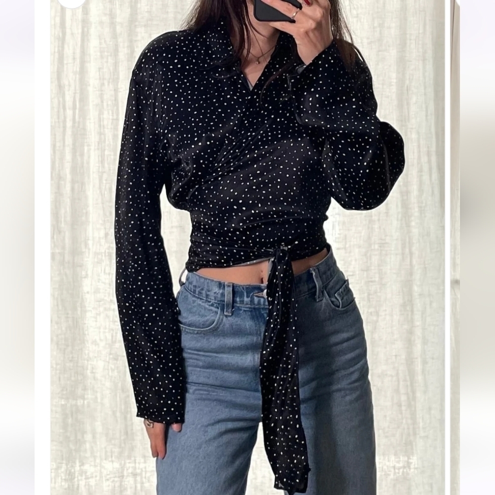 ZARA Black White Polka Dot Satin Tie Bow Blouse